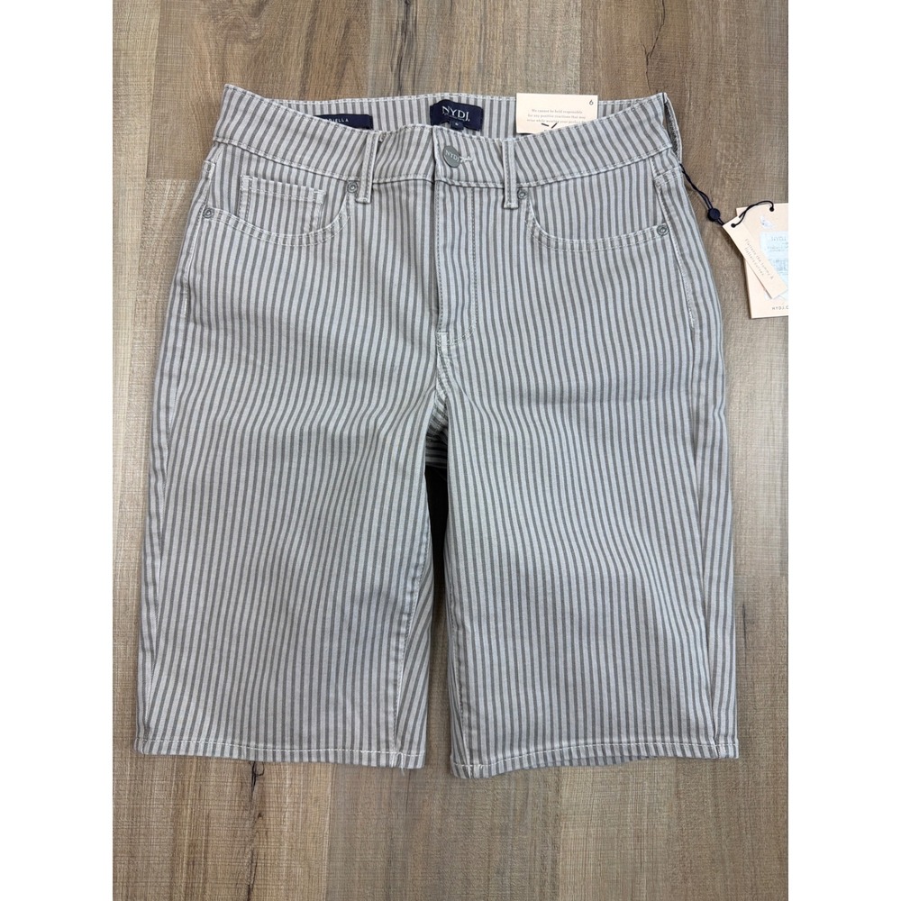 NYDJ Briella Sandbar Stripe Bermuda Shorts Grey Lift Tuck MFOSBS8556 Women 6 NWT